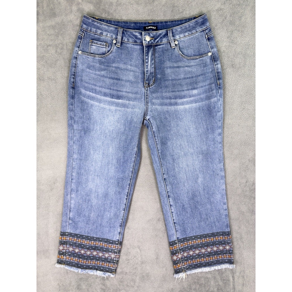 Flamingals Jeans Womens XL Blue High Rise Straight Leg Cropped Embroidered